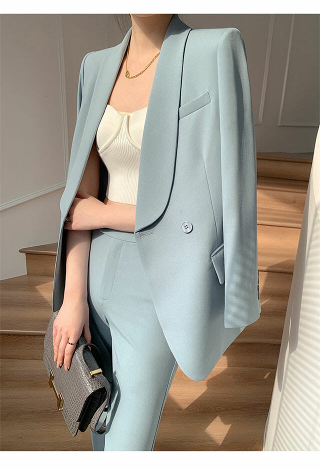 Fashion Women Shawl Collar Jacket With Straight Long Pants2 Fashion Women Shawl Collar Jacket with Straight Long Pants 4