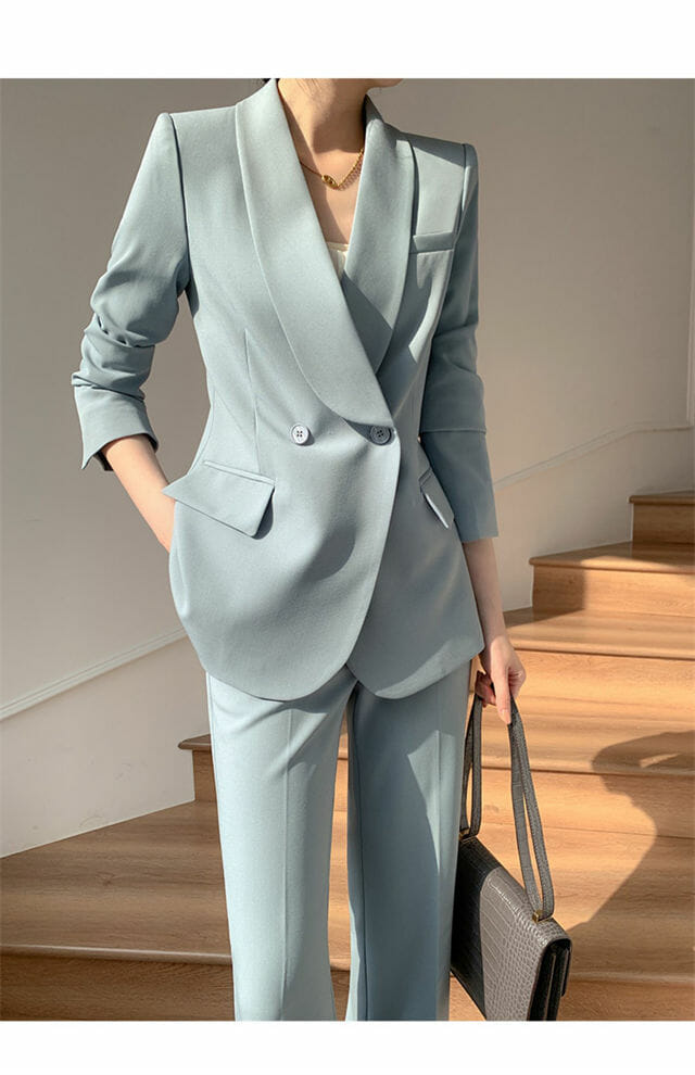 Fashion Women Shawl Collar Jacket With Straight Long Pants3 Fashion Women Shawl Collar Jacket with Straight Long Pants 3