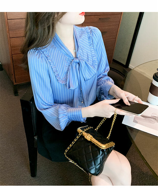 Fashion Women Tie Bowknot Collar Stripes Loosen Blouse3 Fashion Women Tie Bowknot Collar Stripes Loosen Blouse 3
