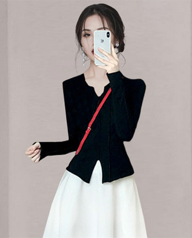 Fashion Women V-Neck Blouse With A-Line Long Skirt2 Fashion Women V-neck Blouse with A-line Long Skirt 3