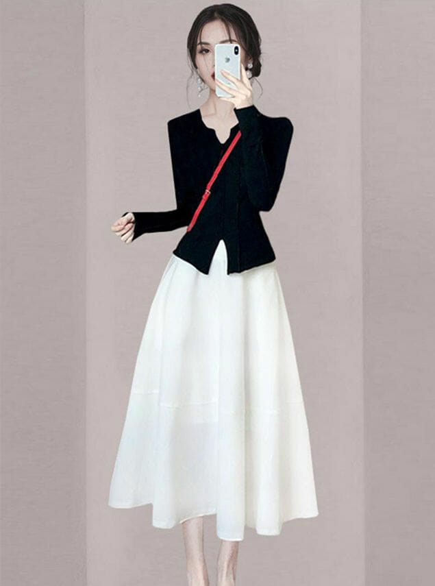 Fashion Women V-Neck Blouse With A-Line Long Skirt4 Fashion Women V-neck Blouse with A-line Long Skirt 1