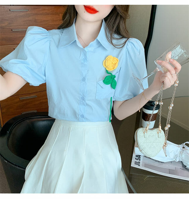 Fresh 2 Colors Shirt Collar Flower Brooch Puff Sleeve Blouse Fresh 2 Colors Shirt Collar Flower Brooch Puff Sleeve Blouse 6