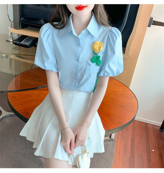 Fresh 2 Colors Shirt Collar Flower Brooch Puff Sleeve Blouse2 Fresh 2 Colors Shirt Collar Flower Brooch Puff Sleeve Blouse 5
