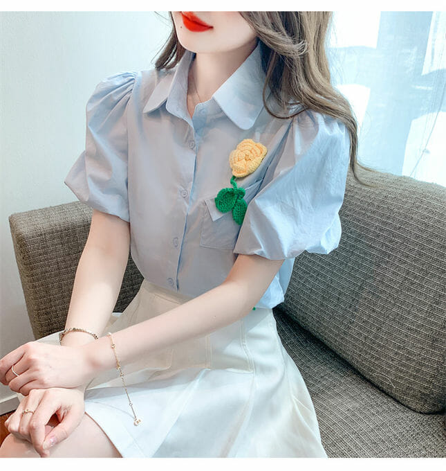 Fresh 2 Colors Shirt Collar Flower Brooch Puff Sleeve Blouse3 Fresh 2 Colors Shirt Collar Flower Brooch Puff Sleeve Blouse 4