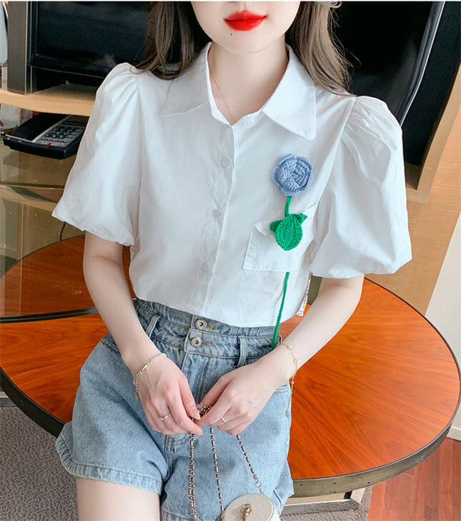Fresh 2 Colors Shirt Collar Flower Brooch Puff Sleeve Blouse4 Fresh 2 Colors Shirt Collar Flower Brooch Puff Sleeve Blouse 3