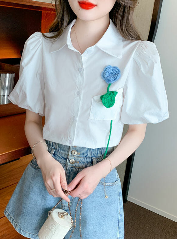 Fresh 2 Colors Shirt Collar Flower Brooch Puff Sleeve Blouse6 Fresh 2 Colors Shirt Collar Flower Brooch Puff Sleeve Blouse 1