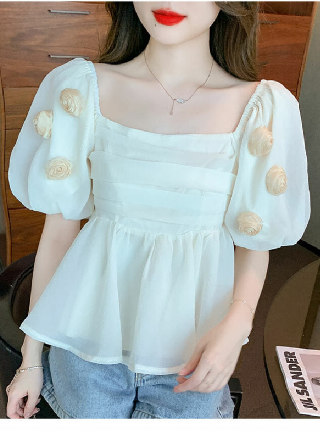 Fresh New Square Collar Beads Flowers Puff Sleeve Blouse5 Fresh New Square Collar Beads Flowers Puff Sleeve Blouse 1