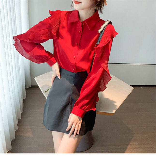 Grace Charm Shirt Collar Flouncing Puff Sleeve Chiffon Blouse2 Grace Charm Shirt Collar Flouncing Puff Sleeve Chiffon Blouse 4