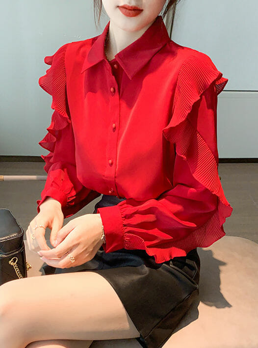 Grace Charm Shirt Collar Flouncing Puff Sleeve Chiffon Blouse5 Grace Charm Shirt Collar Flouncing Puff Sleeve Chiffon Blouse 1