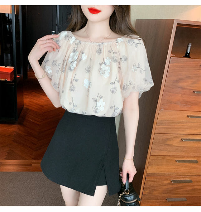 Grace Fashion Boat Neck Flowers Puff Sleeve Blouse Grace Fashion Boat Neck Flowers Puff Sleeve Blouse 5