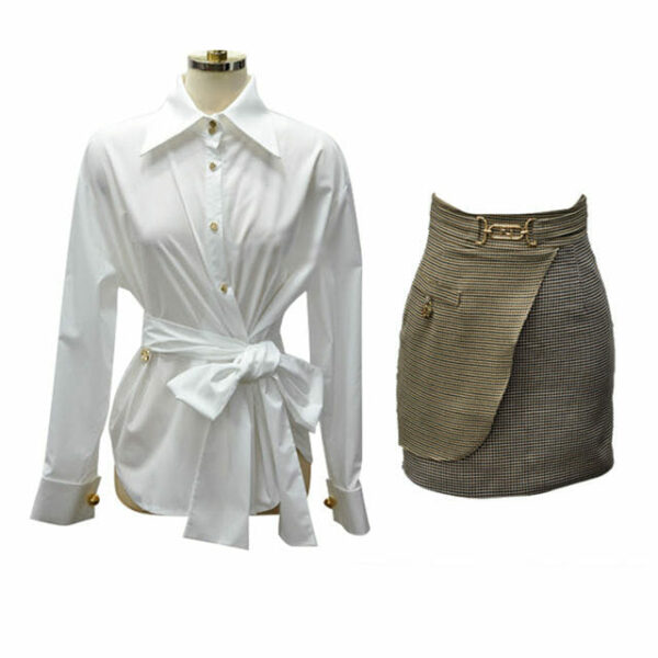 Grace Lady Tie Waist Loosen Blouse with Plaids Slim Skirt 6