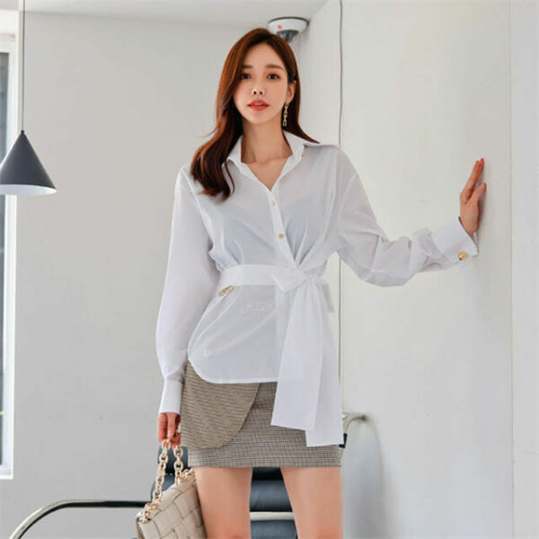 Grace Lady Tie Waist Loosen Blouse with Plaids Slim Skirt 4