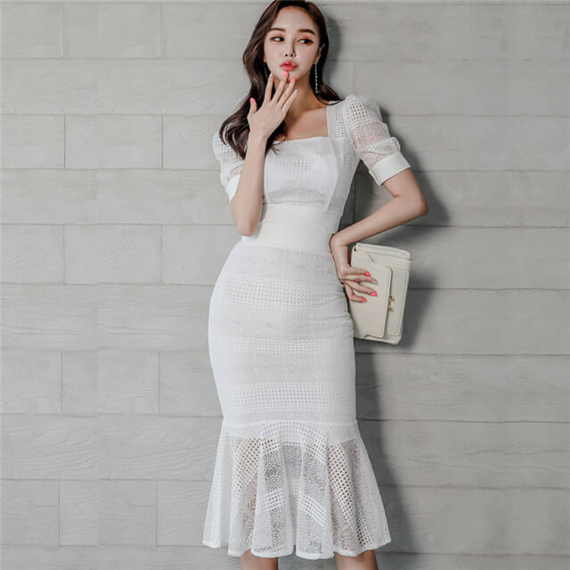 Grace Ol Fashion Square Collar Fishtail Slim Lace Dress Set2 Grace OL Fashion Square Collar Fishtail Slim Lace Dress Set 5