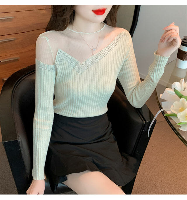 Grace Women 2 Colors Gauze Rhinestones Slim Knitting T-Shirt Grace Women 2 Colors Gauze Rhinestones Slim Knitting T-shirt 6