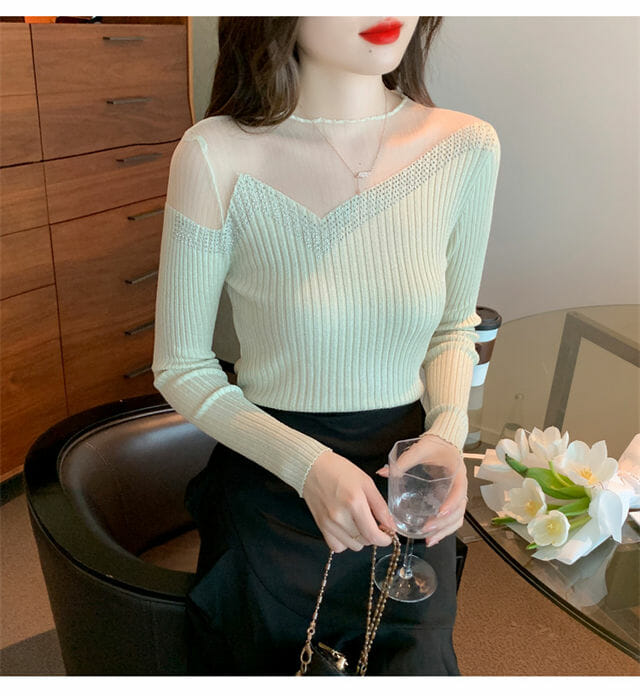 Grace Women 2 Colors Gauze Rhinestones Slim Knitting T-Shirt2 Grace Women 2 Colors Gauze Rhinestones Slim Knitting T-shirt 5