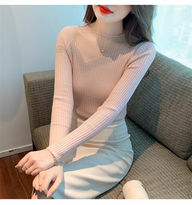 Grace Women 2 Colors Gauze Rhinestones Slim Knitting T-Shirt4 Grace Women 2 Colors Gauze Rhinestones Slim Knitting T-shirt 3