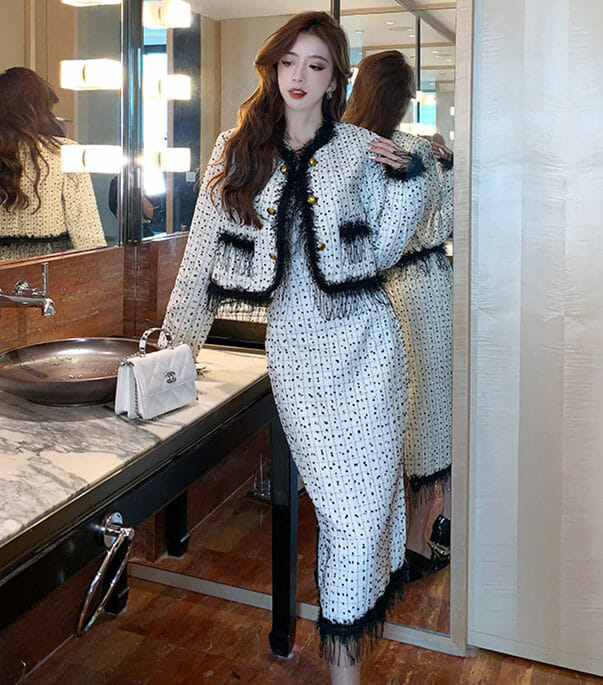 Grace Women 2 Colors Tassels Plaids Dots Tweed Dress Set  Seoulinspired