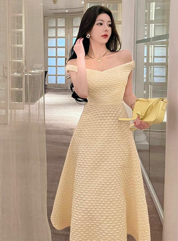 Grace Women Boat Neck High Waist Embossing A-Line Dress4 Grace Women Boat Neck High Waist Embossing A-line Dress 2