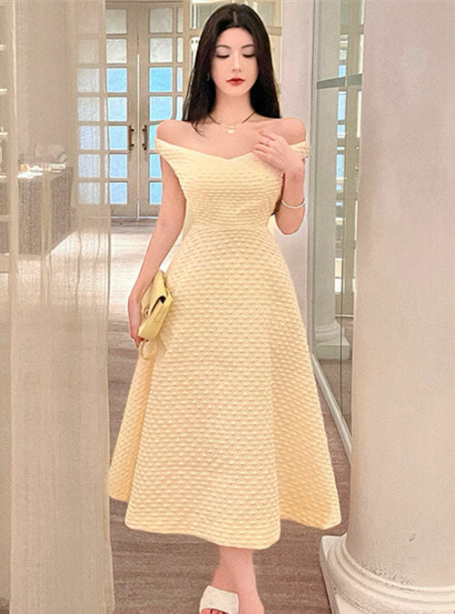 Grace Women Boat Neck High Waist Embossing A-Line Dress5 Grace Women Boat Neck High Waist Embossing A-line Dress 1