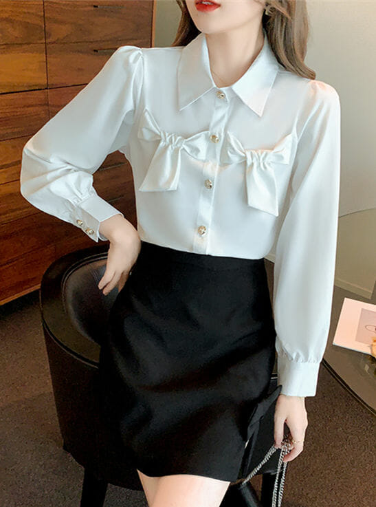 Grace Women Bowknots Shirt Collar Puff Sleeve Blouse Grace Women Bowknots Shirt Collar Puff Sleeve Blouse 5