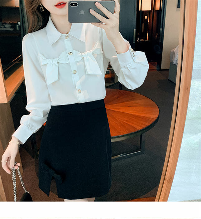 Grace Women Bowknots Shirt Collar Puff Sleeve Blouse2 Grace Women Bowknots Shirt Collar Puff Sleeve Blouse 4