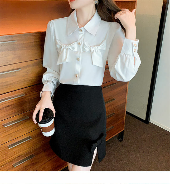 Grace Women Bowknots Shirt Collar Puff Sleeve Blouse3 Grace Women Bowknots Shirt Collar Puff Sleeve Blouse 3