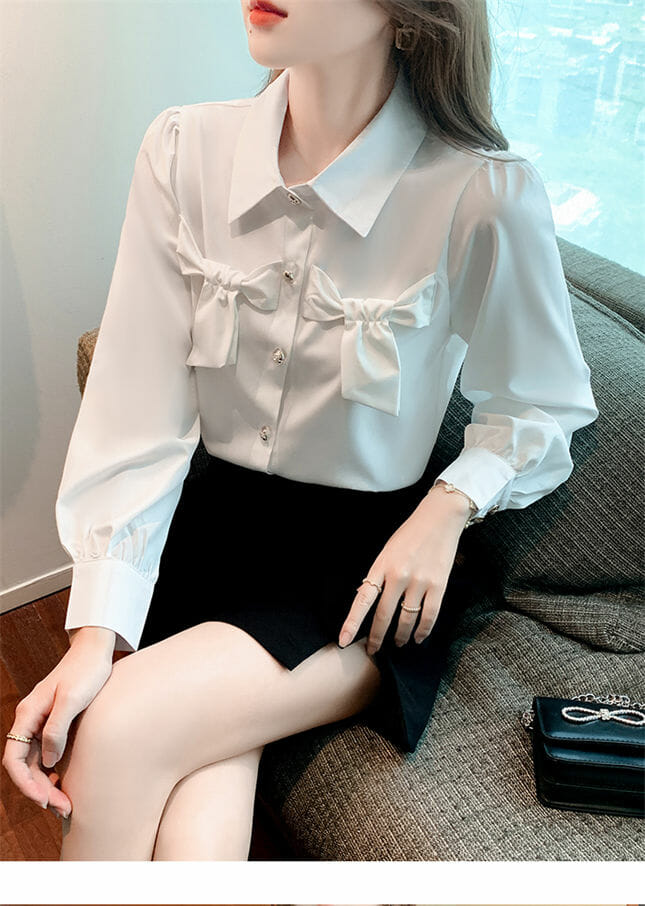 Grace Women Bowknots Shirt Collar Puff Sleeve Blouse4 Grace Women Bowknots Shirt Collar Puff Sleeve Blouse 2