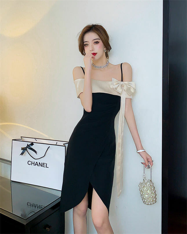 Grace Women Color Block Bowknot Boat Neck Split Dress1 Grace Women Color Block Bowknot Boat Neck Split Dress 4