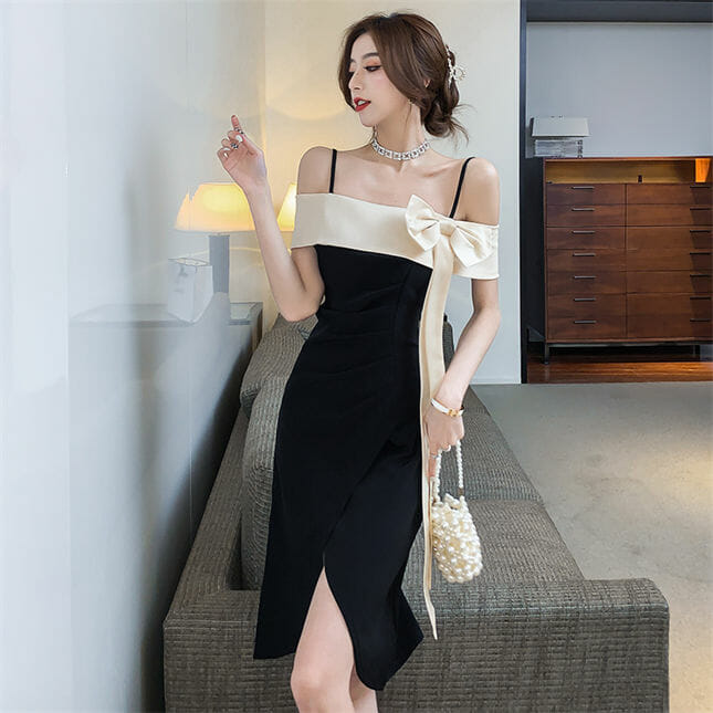 Grace Women Color Block Bowknot Boat Neck Split Dress3 Grace Women Color Block Bowknot Boat Neck Split Dress 2