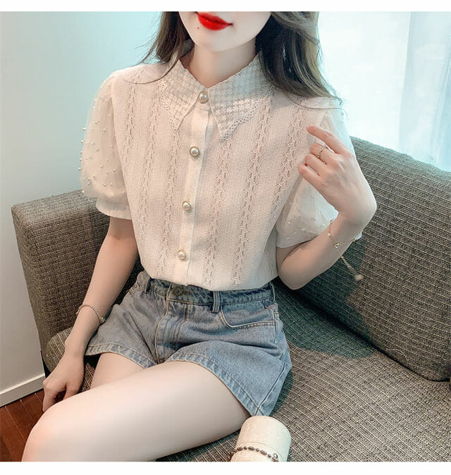 Grace Women Doll Collar Beads Puff Sleeve Lace Blouse Grace Women Doll Collar Beads Puff Sleeve Lace Blouse 5