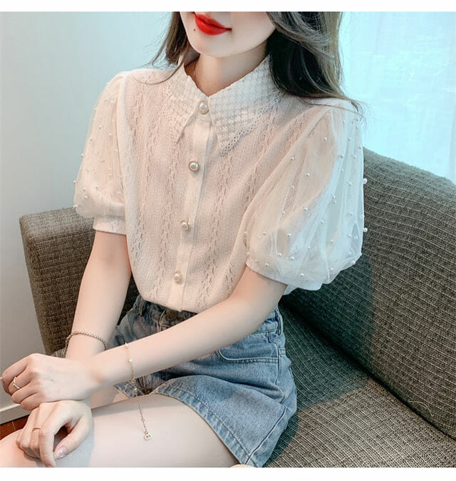 Grace Women Doll Collar Beads Puff Sleeve Lace Blouse3 Grace Women Doll Collar Beads Puff Sleeve Lace Blouse 3