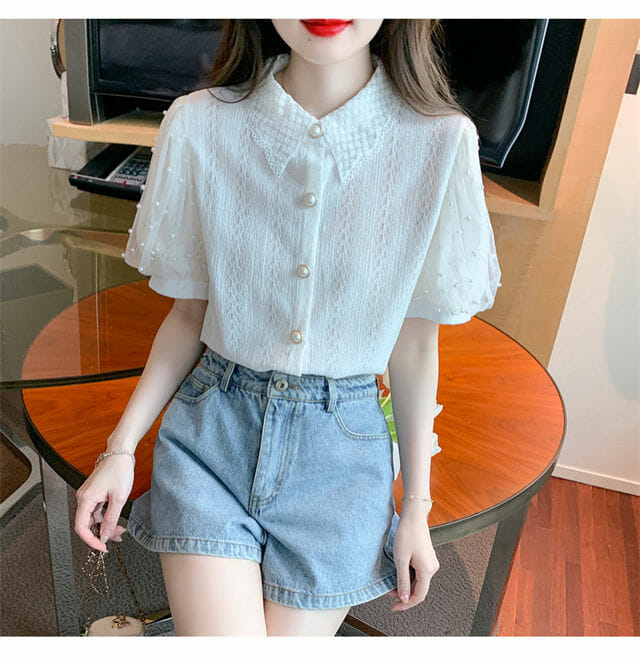 Grace Women Doll Collar Beads Puff Sleeve Lace Blouse4 Grace Women Doll Collar Beads Puff Sleeve Lace Blouse 2