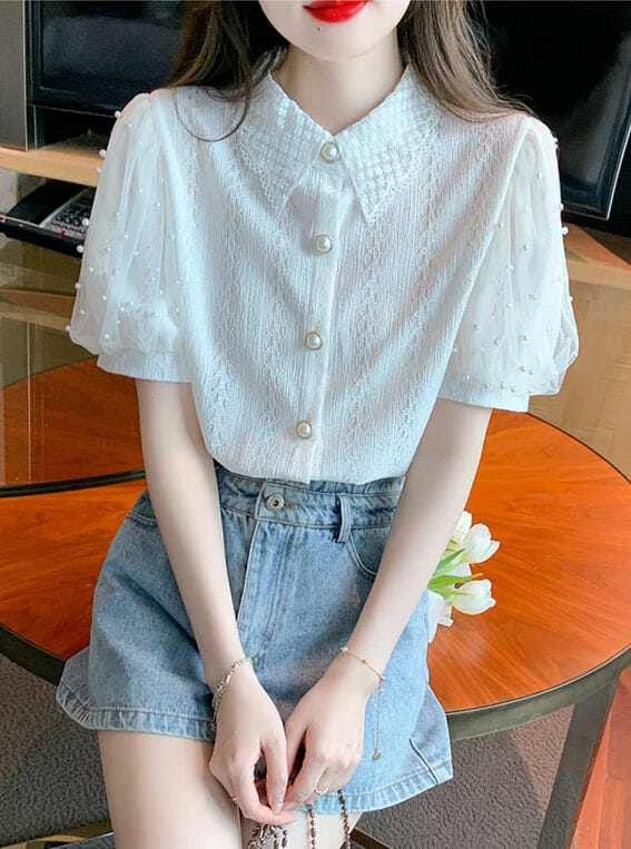 Grace Women Doll Collar Beads Puff Sleeve Lace Blouse5 Grace Women Doll Collar Beads Puff Sleeve Lace Blouse 1