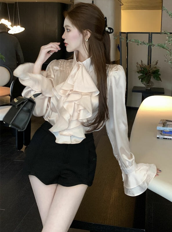 Grace Women Flouncing Stand Collar Flare Sleeve Blouse3 Grace Women Flouncing Stand Collar Flare Sleeve Blouse 3