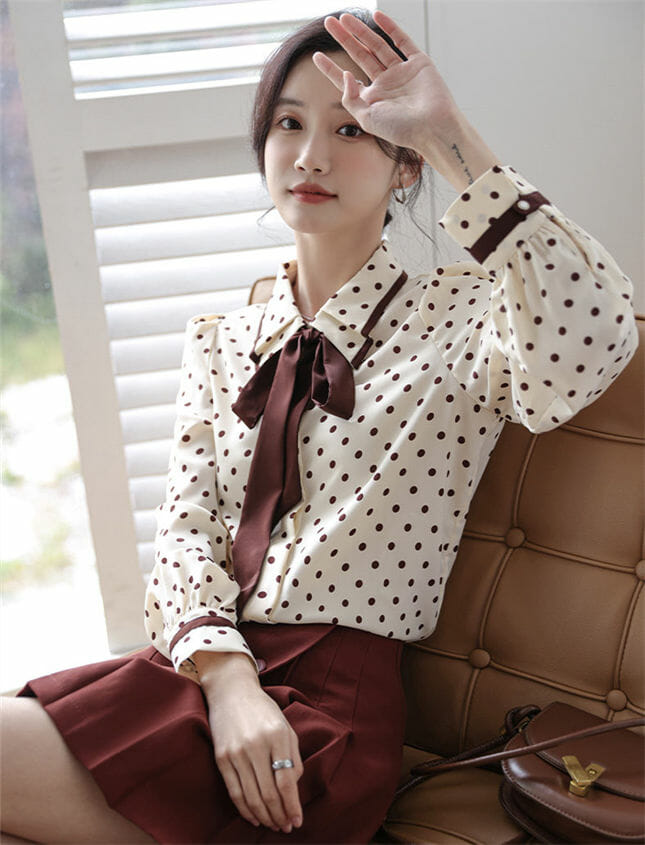 Grace Women Tie Bowknot Doll Collar Dots Loosen Blouse Grace Women Tie Bowknot Doll Collar Dots Loosen Blouse 5