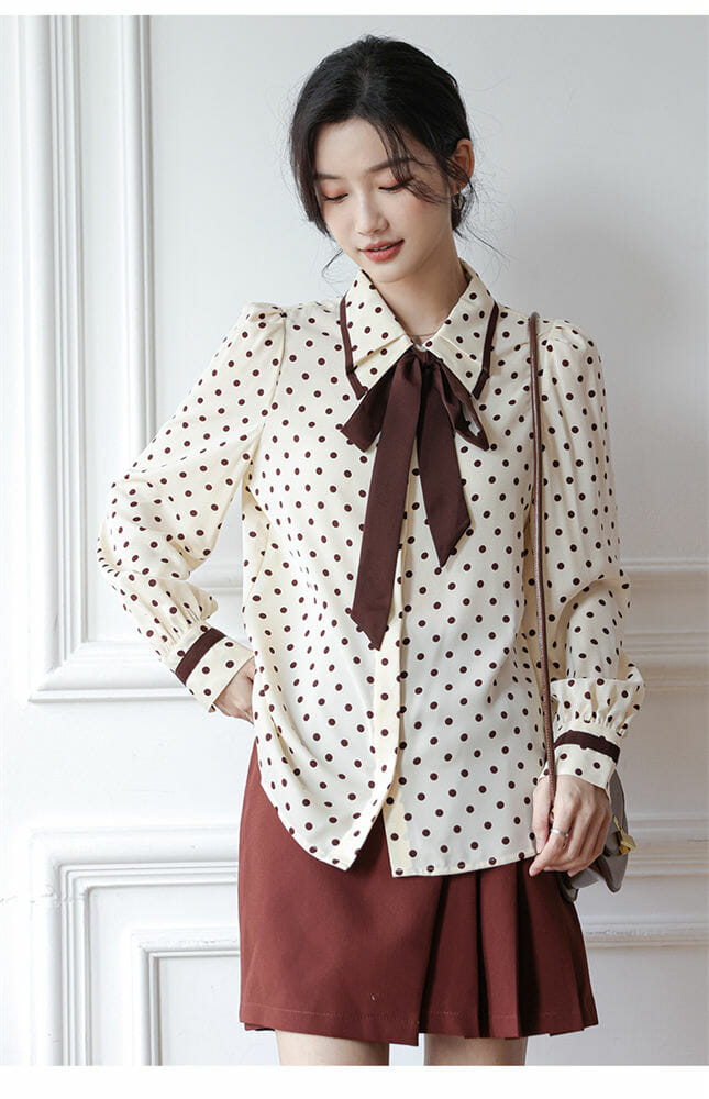 Grace Women Tie Bowknot Doll Collar Dots Loosen Blouse2 Grace Women Tie Bowknot Doll Collar Dots Loosen Blouse 4