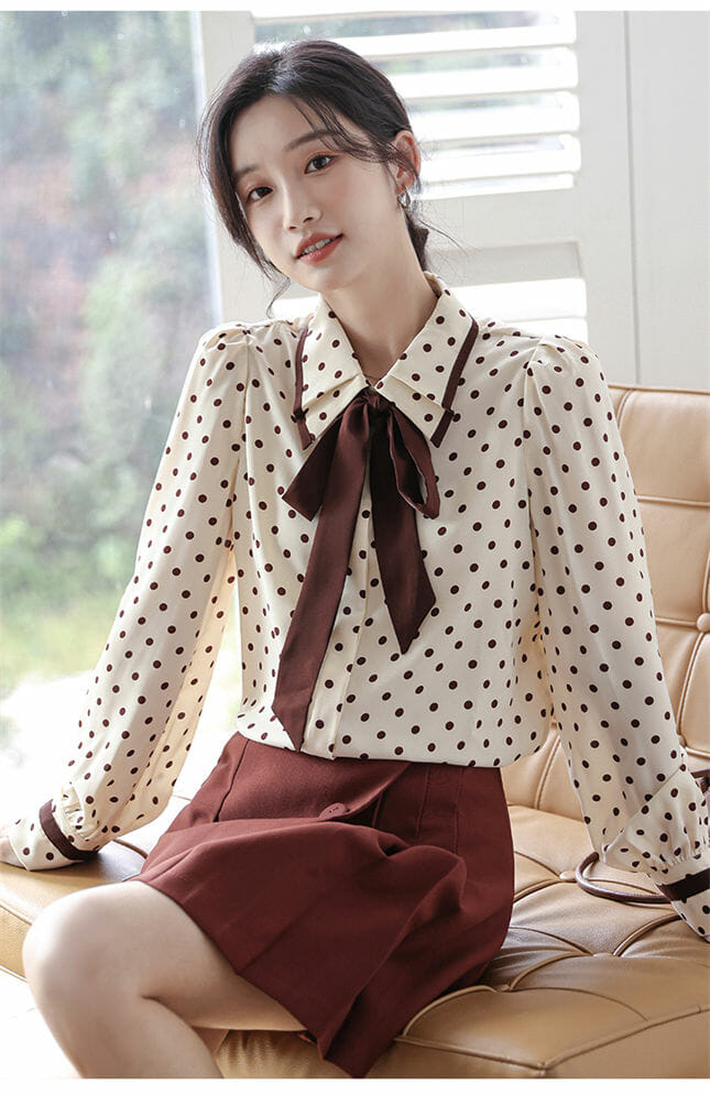 Grace Women Tie Bowknot Doll Collar Dots Loosen Blouse3 Grace Women Tie Bowknot Doll Collar Dots Loosen Blouse 3