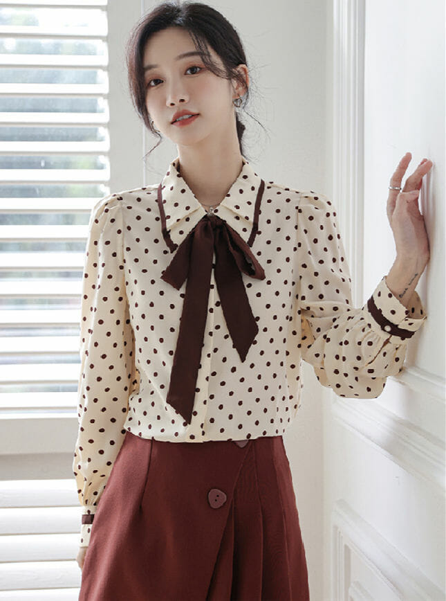 Grace Women Tie Bowknot Doll Collar Dots Loosen Blouse5 Grace Women Tie Bowknot Doll Collar Dots Loosen Blouse 1