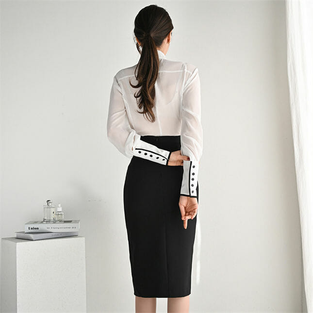 Grace Women Tie Collar Blouse With Split Midi Skirt Grace Women Tie Collar Blouse with Split Midi Skirt 5