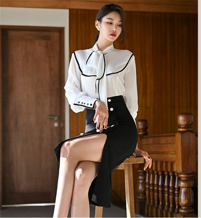 Grace Women Tie Collar Blouse With Split Midi Skirt2 Grace Women Tie Collar Blouse with Split Midi Skirt 4