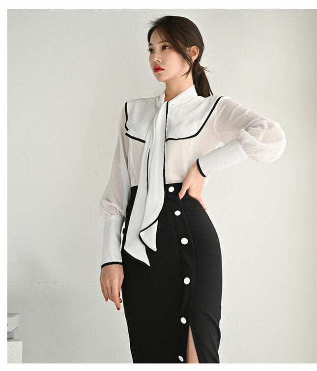 Grace Women Tie Collar Blouse With Split Midi Skirt3 Grace Women Tie Collar Blouse with Split Midi Skirt 3