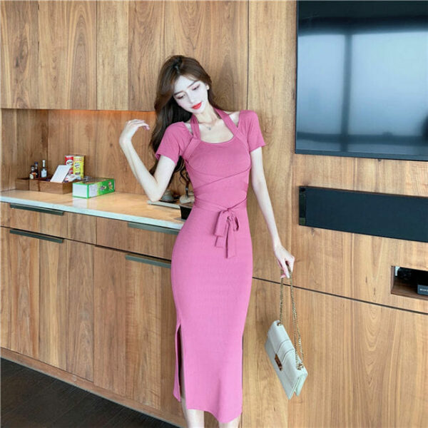 Grace Women Tie High Waist Split Long Dress 3