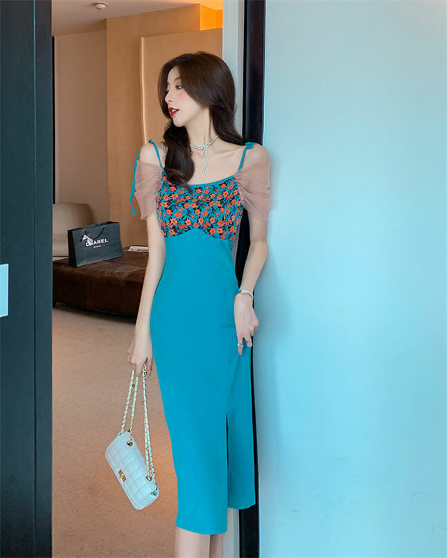 Hot Sell High Waist Flowers Splicing Split Straps Dress3 Hot Sell High Waist Flowers Splicing Split Straps Dress 3