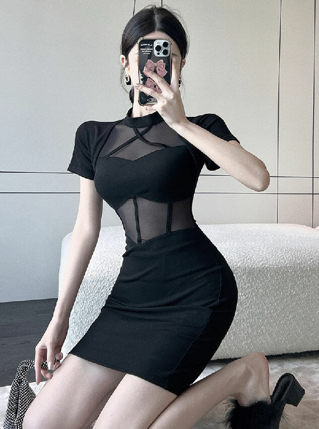 Hot Selling Gauze Transparent Splice Slim Short Sleeve Dress4 Hot Selling Gauze Transparent Splice Slim Short Sleeve Dress 2
