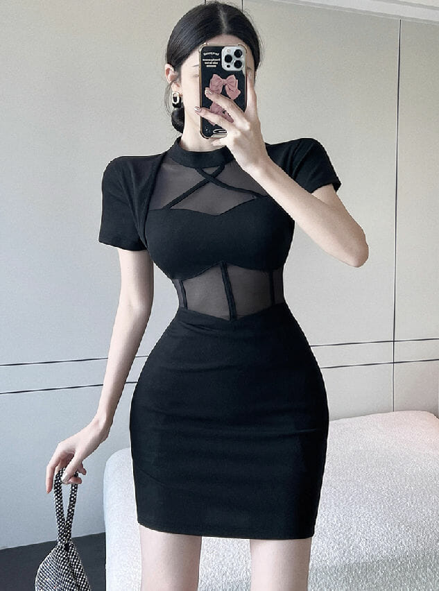 Hot Selling Gauze Transparent Splice Slim Short Sleeve Dress5 Hot Selling Gauze Transparent Splice Slim Short Sleeve Dress 1