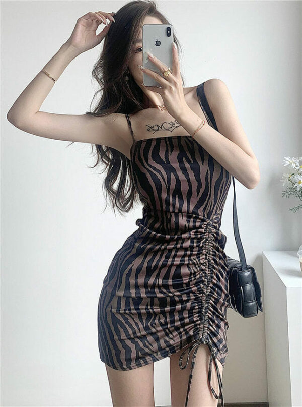 Hot Sexy Draw-string Zebra Stripes Pleated Straps Dress • Seoulinspired
