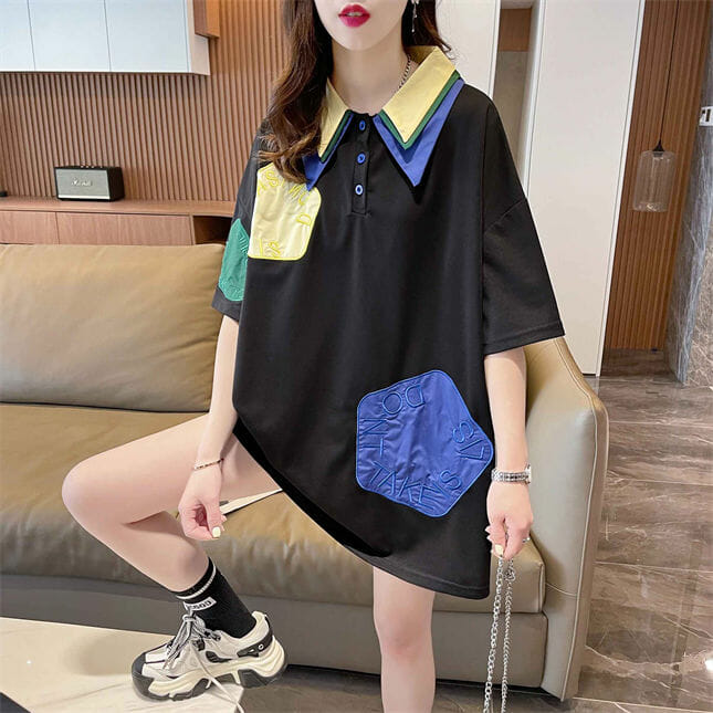 Korea 2 Colors Letters Embroidery Shirt Collar Tee2 Korea 2 Colors Letters Embroidery Shirt Collar Tee 5