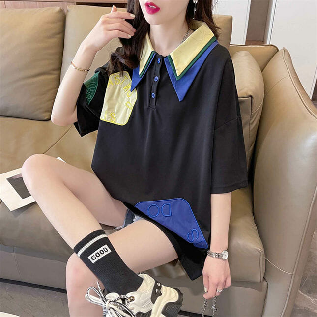 Korea 2 Colors Letters Embroidery Shirt Collar Tee3 Korea 2 Colors Letters Embroidery Shirt Collar Tee 4