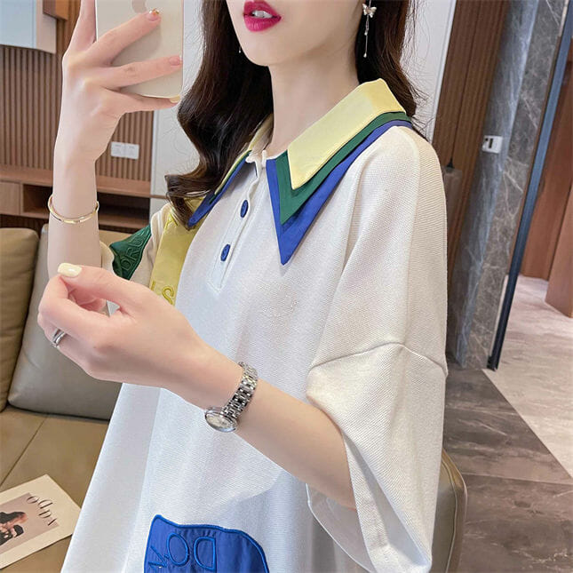 Korea 2 Colors Letters Embroidery Shirt Collar Tee4 Korea 2 Colors Letters Embroidery Shirt Collar Tee 3