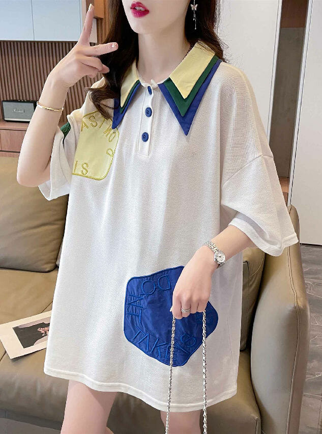 Korea 2 Colors Letters Embroidery Shirt Collar Tee6 Korea 2 Colors Letters Embroidery Shirt Collar Tee 1